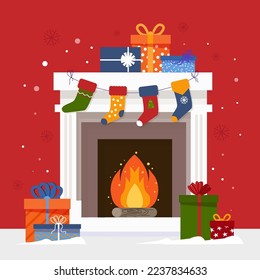 Christmas stocking on fireplace and gift boxes. Christmas long socks for Santa Claus presents. Christmas fireplace scene concept in flat design. Merry Christmas and Happy New Year. Winter holidays.