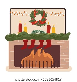 Christmas stocking on fireplace, wreath and candles. Christmas long socks for Santa Claus presents. Christmas fireplace scene concept in flat design. Merry Christmas and Happy New Year. Winter