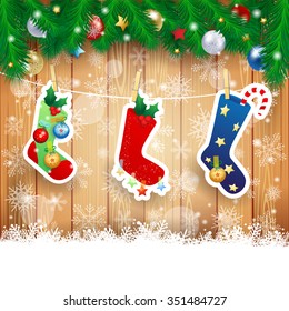 Christmas stocking on wooden background, vector illustration 