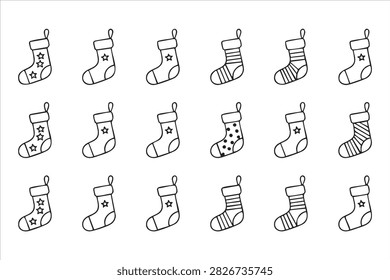 Christmas stocking outline icon set for holiday decoration and winter design