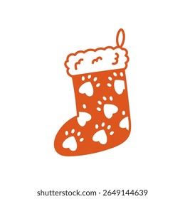 Christmas Stocking with Paw Print Pattern. Doodle festive Red Sock for Holidays pet lovers design. Vector illustration