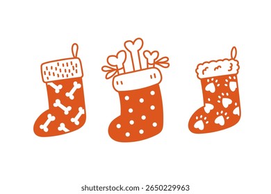 Christmas Stocking for Pet Set. Holiday Celebratory Red Socks with Dog Bones and Paw Print in cartoon doodle style. Vector illustration