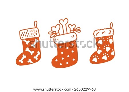 Christmas Stocking for Pet Set. Holiday Celebratory Red Socks with Dog Bones and Paw Print in cartoon doodle style. Vector illustration