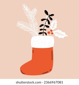 Christmas stocking with pine branches and holly berries. Modern flat illustration, seasonal greeting card design.