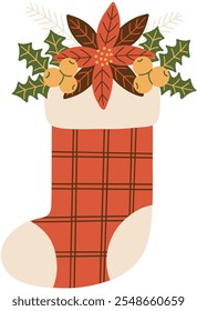 Christmas Stocking with Poinsettia and Holly Berries Vector Illustration