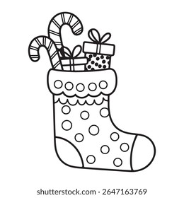 Christmas Stocking with Presents And Candy Canes - Holiday Outline Art