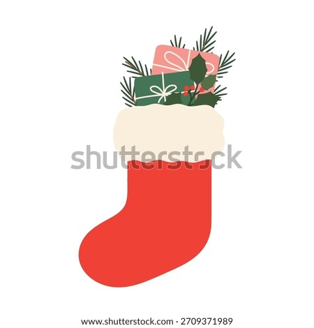 Christmas stocking with presents and fir tree branches- vector illustration