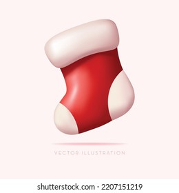 Christmas stocking, red sock. 3D minimal vector illustration