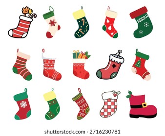 Navidades Stocking y Santa Boot Colección. Calcetines coloridos llenos de regalos, bastón de caramelo y pan de jengibre. Iconos vectoriales para regalos de Festiva.
