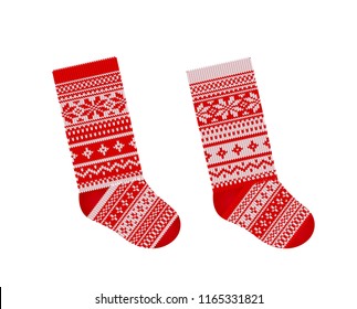 Christmas stocking in Scandinavian style isolated on white background Hand-knitting Red and white festive Christmas ornament Vector illustration