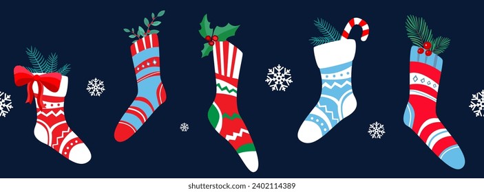 Christmas stocking seamless border with gifts, garland and candies. Greeting card with festive socks.