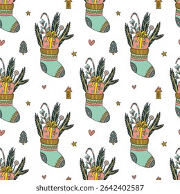 Christmas stocking seamless festive pattern. Socks filled with presents, gifts, gingerbreads and sugar canes with lollipops. Christmas Eve traditional  receptacle.