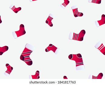 Christmas Stocking seamless pattern. Festive background with Christmas socks for greeting cards, wrapping paper, banners and posters. Vector illustration