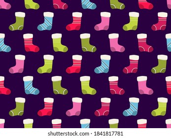 Navidad Patrón sin fisuras. Fondo festivo con medias de Navidad para tarjetas de felicitación, papel envolvente, pancartas y afiches. Ilustración del vector