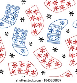 Christmas stocking seamless pattern simple hand drawn in doodle style vector outline illustration for greeting cards, textile, gift paper, family gatherings winter holidays, wintertime festive period