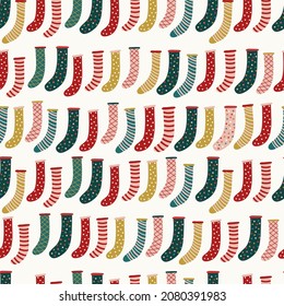 Christmas stocking Seamless pattern vector background, digital paper for textile, fabric, wrapping paper, wallpaper, stationery