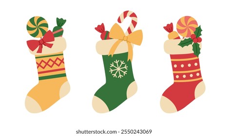 Christmas stocking set with different patterns, bows, lollipops, candies, candy cane and holly. Holiday decoration. Colorful socks with gifts. Vector flat illustration isolated on white background