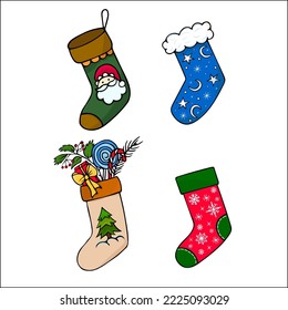 Christmas stocking set. Hand drawn colorful doodle illustration of christmas socks. 
