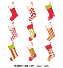 Christmas Stocking Set Isolated On White Background. Holiday Santa Claus Winter Socks For Gifts. Cartoon Decorated Present Sock. Vector