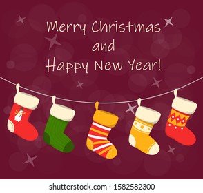 Christmas stocking set on the greeting card. Red and green sock for winter holiday. Home decoration, place for present. Merry christmas and a happy new year.