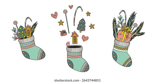 Christmas stocking. Set of three isolated vector illustrations on separate background. Socks filled with presents, gifts, gingerbreads, sugar canes, lollipops, fir and pine branches. 