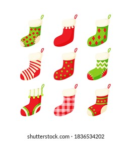 El caldo de carga navideño representa la ilustración vectorial en un dibujo plano aislado en el fondo blanco. Colección tradicional de medias de Año Nuevo ornamentadas de colores.