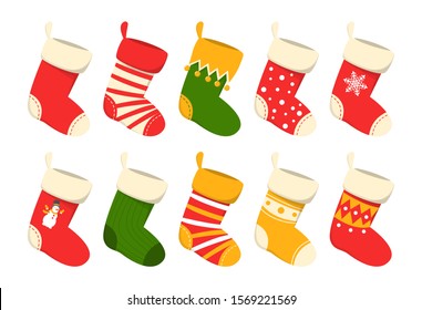 Christmas stocking set vector isolated. Red and green sock for winter holiday. Home decoration, palce for present.