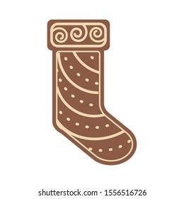 Christmas stocking shape gingerbread with sugar icing icon. Traditional Xmas spicy cookie, decorated crisp chocolate ginger sock biscuit for winter holiday.