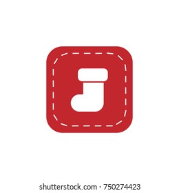 Christmas stocking sign in red rounded stitched square with white seam. white sock flat icon. Holiday collection button. Patch pictogram isolated on white background. Vector illustration. 