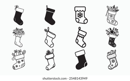 Christmas Stocking Silhouette bundle, Christmas Stocking icon Set.