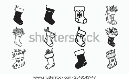 Christmas Stocking Silhouette bundle, Christmas Stocking icon Set.