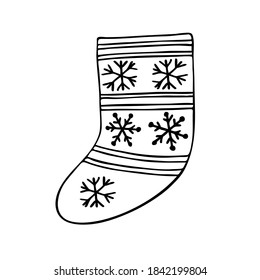 Christmas stocking simple hand drawn in doodle style vector outline illustration for coloring page, greeting cards, family gatherings winter holidays design, wintertime festive period celebration