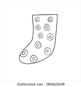 Christmas stocking simple hand drawn doodle style vector outline illustration for coloring page, greeting cards, family gatherings winter holidays design, wintertime festive period celebration