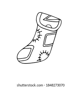 Christmas stocking simple hand drawn in doodle style vector outline illustration for coloring page, greeting cards, family gatherings winter holidays design, wintertime festive period celebration