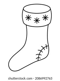 Christmas stocking. Sketch. Vector illustration. Doodle style. Coloring book for children. A boot for hiding a gift. The toe is decorated with snowflakes, a patch on the heel. Hang a sock