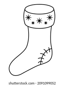 Reparto de Navidad. Esbozo. Ilustración vectorial. Estilo Doodle. Libro de Colores para niños. Una bota para ocultar un regalo. El pie está decorado con copos de nieve, un parche sobre el talón. 