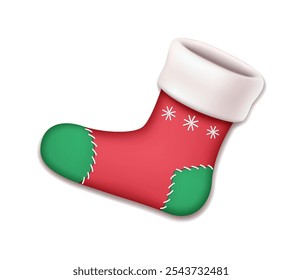 Christmas stocking with snowflake and fur realistic vector illustration. Ready for Santa gifts vintage sock 3d object on white background