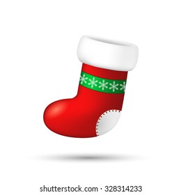 Christmas stocking with snowflakes ornament on white . Vector illustration