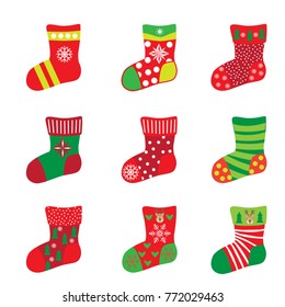 Christmas Stocking, socks for Happy New Year Christmas Winter Holiday. Socks icons set. Snowflakes, santa, reindeer, snowman, christmas balls, fir tree, stars, gift, symbol, decorative ornament vector