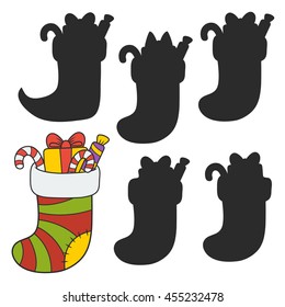 Christmas stocking stuffed. Find the right shadow image. Educational games for kids.Vector stock illustration
