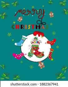 Christmas stocking with sweets and gift, idea for Christmas card, background