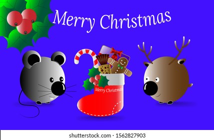 Christmas stocking with sweets and gifts for a baby rat and reindeer. Illustration on a blue background. Vector holiday objects: box, candy, gingerbread man, holly and cute animals. Posters, banners.