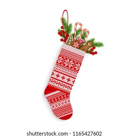 Christmas stocking with sweets and gifts in Scandinavian style isolated on white background Hand-knitting Red and white festive Christmas ornament Vector illustration