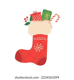 A Christmas stocking with sweets and presents. Flat cartoon vector illustration.