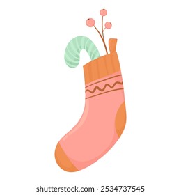 Christmas stocking with sweets and a twig, in flat vector style. Gift stocking hanging over the fireplace isolated on a white background. Christmas symbols