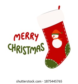 Weihnachtsbesatz und Text Frohe Weihnachten. Rote Weihnachtssocke mit einem süßen Schneemann. Handgezeichnete Schrift. Vektorgrafik einzeln auf weißem Hintergrund. Glückwunsch, Feiertagsklips, Druckkarte