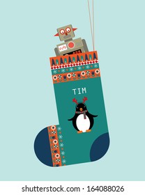 christmas stocking with toy robot vector/illustration