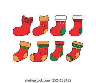 Navidades Stocking icono de Vector en el conjunto de estilo plano, calcetín de Navidades, calcetín de Navidad para el regalo, colgando Elementos de ropa de los niños con lindos patrones de Navidad en la cuerda.