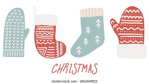 Christmas stocking, winter knitted mittens and handwritten lettering christmas. Xmas symbols for postcards, label, poster, banner and web. Flat vector clipart. Doodle style.