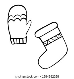 Christmas stocking and woolen mitten. Set of vector illustrations. Sketch. Outline on an isolated background. Doodle style. Coloring book. A boot for hiding a gift. Soft hand glove. Festive print.